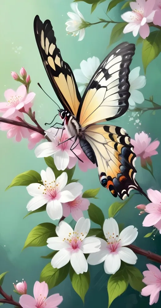 Digital Painting A Butterfly On A Branch With White Flowers With Pink Pistils Green Leaves And A Few Pink Buds In A Bright Environment Bold And Slim Lines Brush Strokes 37 80da