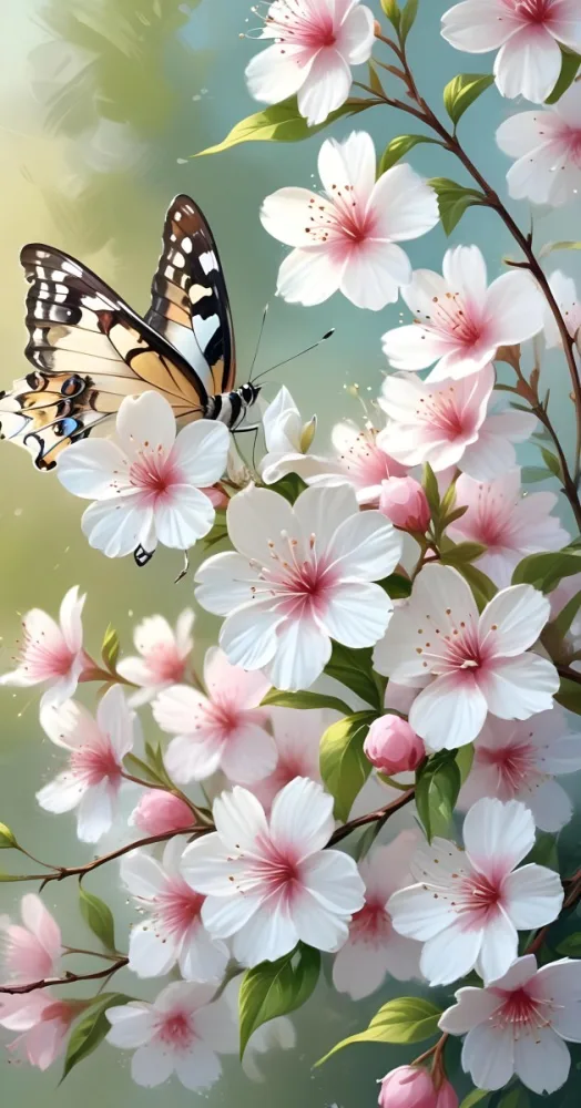 Digital Painting A Butterfly On A Branch With White Flowers With Pink Pistils Green Leaves And A Few Pink Buds In A Bright Environment Bold And Slim Lines Brush Strokes 38 E477