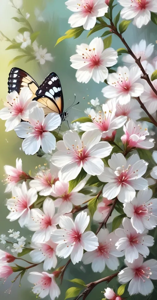 Digital Painting A Butterfly On A Branch With White Flowers With Pink Pistils Green Leaves And A Few Pink Buds In A Bright Environment Bold And Slim Lines Brush Strokes 5 9c6c