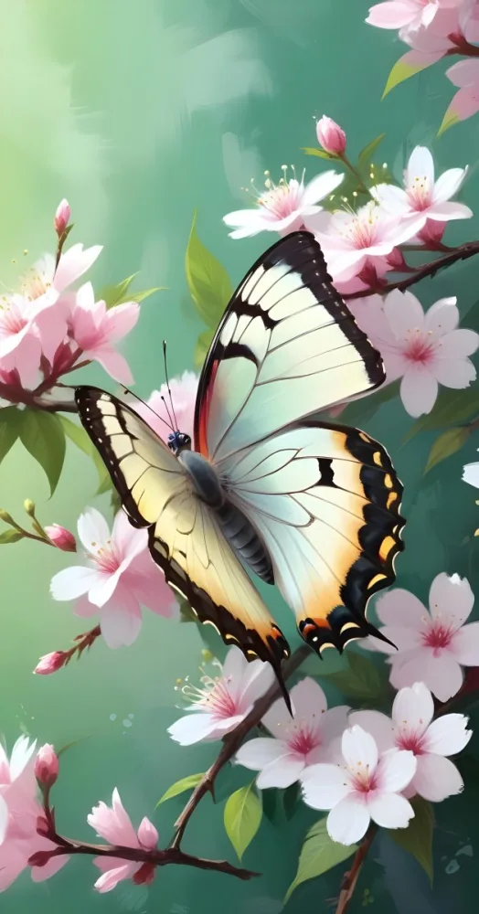 Digital Painting A Butterfly On A Branch With White Flowers With Pink Pistils Green Leaves And A Few Pink Buds In A Bright Environment Bold And Slim Lines Brush Strokes 8 1b6c