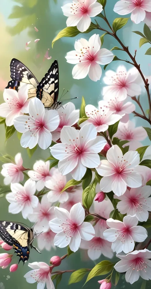 Digital Painting A Butterfly On A Branch With White Flowers With Pink Pistils Green Leaves And A Few Pink Buds In A Bright Environment Bold And Slim Lines Brush Strokes 9 8416