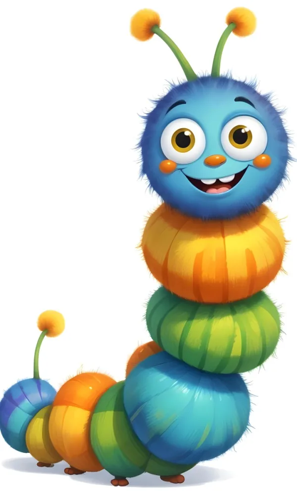Digital Painting A Cartoon Caterpillar Character With A Yellow Head And Orange Nose Featuring A Stack Of Colorful Round Segments In Orange Yellow Green And Blue The Caterpillar Has Large Expressive Eyes And A Smi 13 7b63