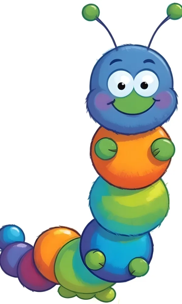 Digital Painting A Cartoon Caterpillar Character With A Yellow Head And Orange Nose Featuring A Stack Of Colorful Round Segments In Orange Yellow Green And Blue The Caterpillar Has Large Expressive Eyes And A Smi 18 68bc