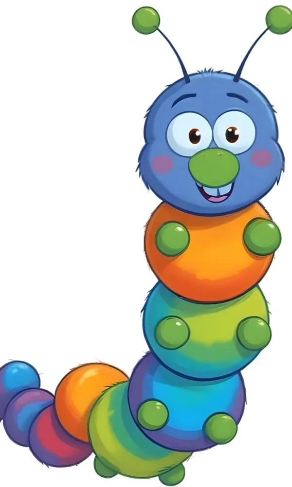 Digital Painting A Cartoon Caterpillar Character With A Yellow Head And Orange Nose Featuring A Stack Of Colorful Round Segments In Orange Yellow Green And Blue The Caterpillar Has Large Expressive Eyes And A Smi 22 9ad2