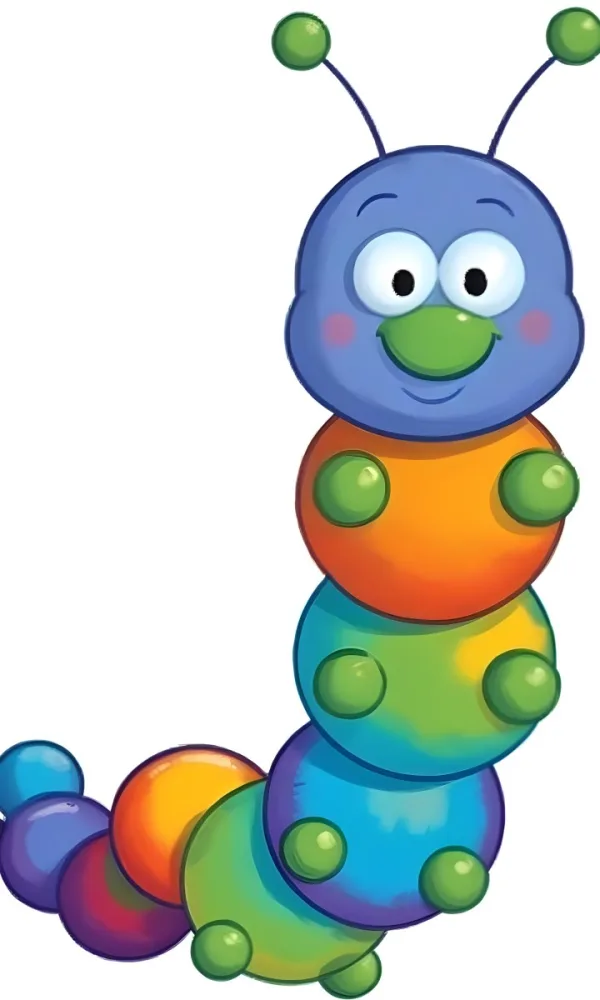 Digital Painting A Cartoon Caterpillar Character With A Yellow Head And Orange Nose Featuring A Stack Of Colorful Round Segments In Orange Yellow Green And Blue The Caterpillar Has Large Expressive Eyes And A Smi 23 Ceec