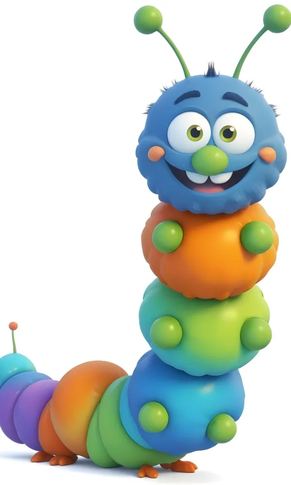Digital Painting A Cartoon Caterpillar Character With A Yellow Head And Orange Nose Featuring A Stack Of Colorful Round Segments In Orange Yellow Green And Blue The Caterpillar Has Large Expressive Eyes And A Smi 5 70bb