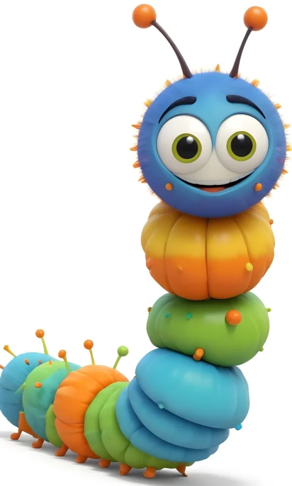 Digital Painting A Cartoon Caterpillar Character With A Yellow Head And Orange Nose Featuring A Stack Of Colorful Round Segments In Orange Yellow Green And Blue The Caterpillar Has Large Expressive Eyes And A Smi 6 48c5