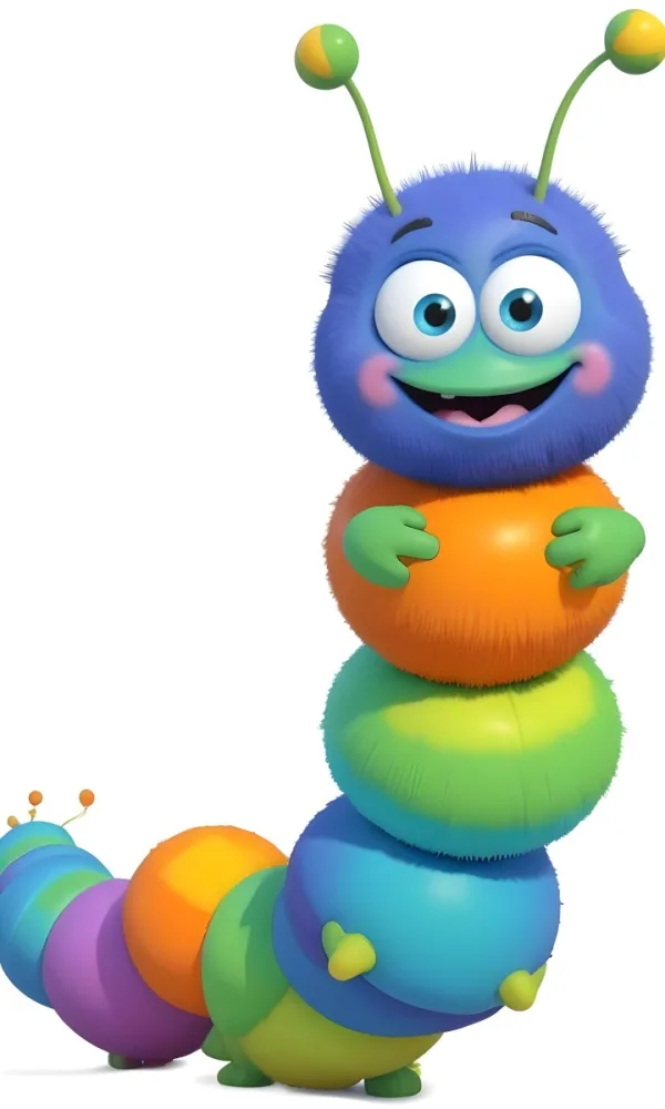 Digital Painting A Cartoon Caterpillar Character With A Yellow Head And Orange Nose Featuring A Stack Of Colorful Round Segments In Orange Yellow Green And Blue The Caterpillar Has Large Expressive Eyes And A Smi 7 5801