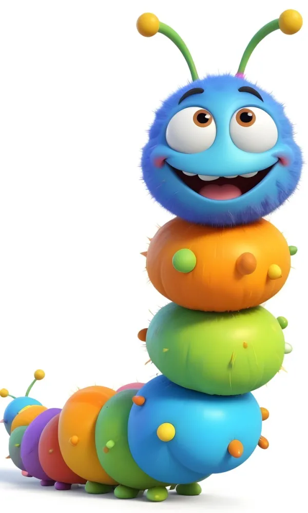 Digital Painting A Cartoon Caterpillar Character With A Yellow Head And Orange Nose Featuring A Stack Of Colorful Round Segments In Orange Yellow Green And Blue The Caterpillar Has Large Expressive Eyes And A Smi 8 86df