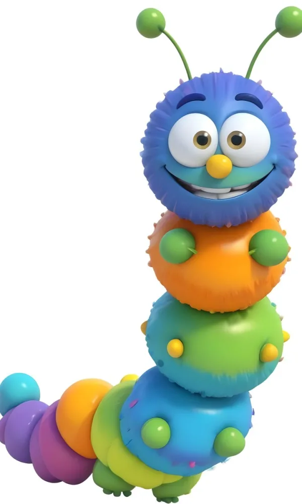 Digital Painting A Cartoon Caterpillar Character With A Yellow Head And Orange Nose Featuring A Stack Of Colorful Round Segments In Orange Yellow Green And Blue The Caterpillar Has Large Expressive Eyes And A Smi 9 055e