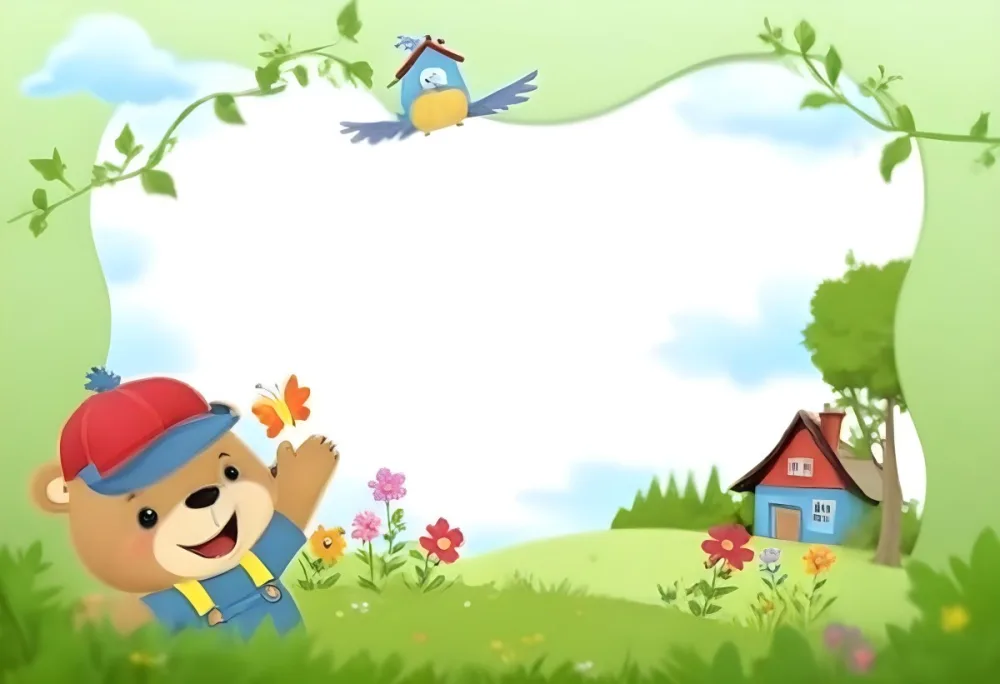 Digital Painting A Cheerful Cartoon Bear Wearing A Red Hat And Blue Overalls Is Waving With One Hand Surrounded By Colorful Flowers And Butterflies A Small Blue Bird Is Flying Above In The Background There Is A Simp 5 F87e