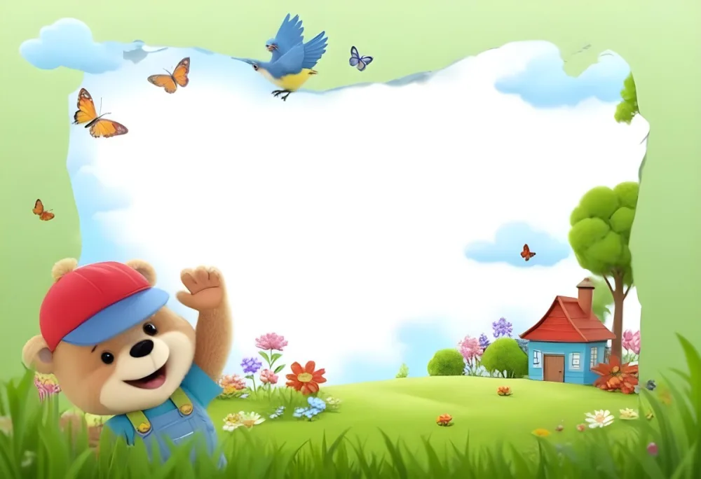 Digital Painting A Cheerful Cartoon Bear Wearing A Red Hat And Blue Overalls Is Waving With One Hand Surrounded By Colorful Flowers And Butterflies A Small Blue Bird Is Flying Above In The Background There Is A Simp 6 D9b0