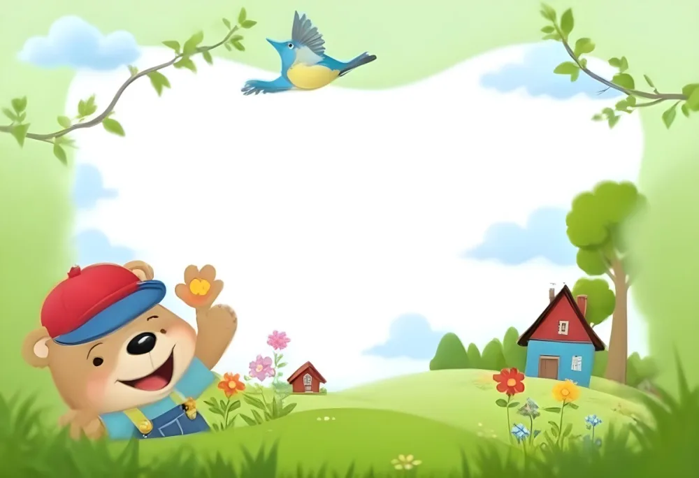 Digital Painting A Cheerful Cartoon Bear Wearing A Red Hat And Blue Overalls Is Waving With One Hand Surrounded By Colorful Flowers And Butterflies A Small Blue Bird Is Flying Above In The Background There Is A Simp 8 Fa3d