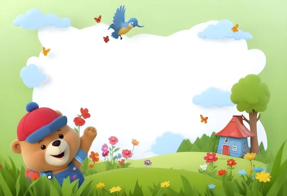Digital Painting A Cheerful Cartoon Bear Wearing A Red Hat And Blue Overalls Is Waving With One Hand Surrounded By Colorful Flowers And Butterflies A Small Blue Bird Is Flying Above In The Background There Is A Simp 9 Fbaf