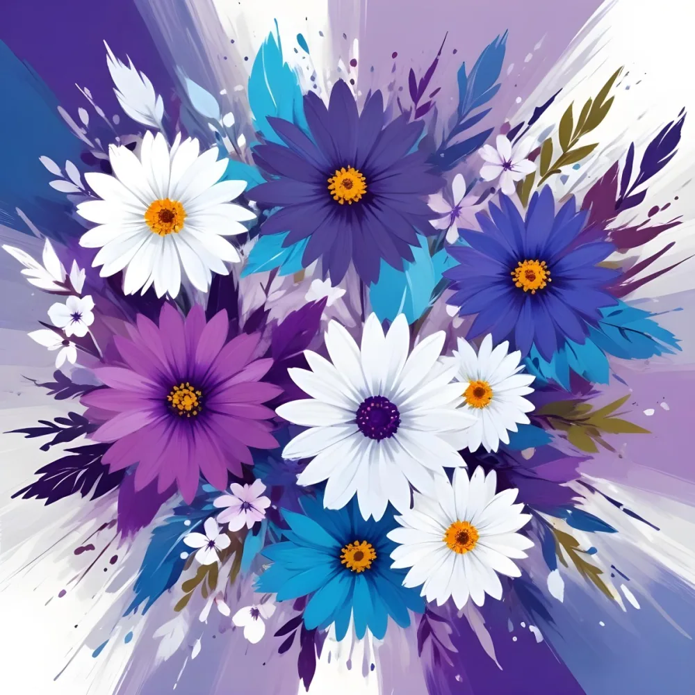 Digital Painting A Circle Of Colorful Flowers With A Purple Circle In The Center The Flowers Are Blue Blue White And Purple The Background Is White Bold And Slim Lines Brush Strokes 11 F3c9