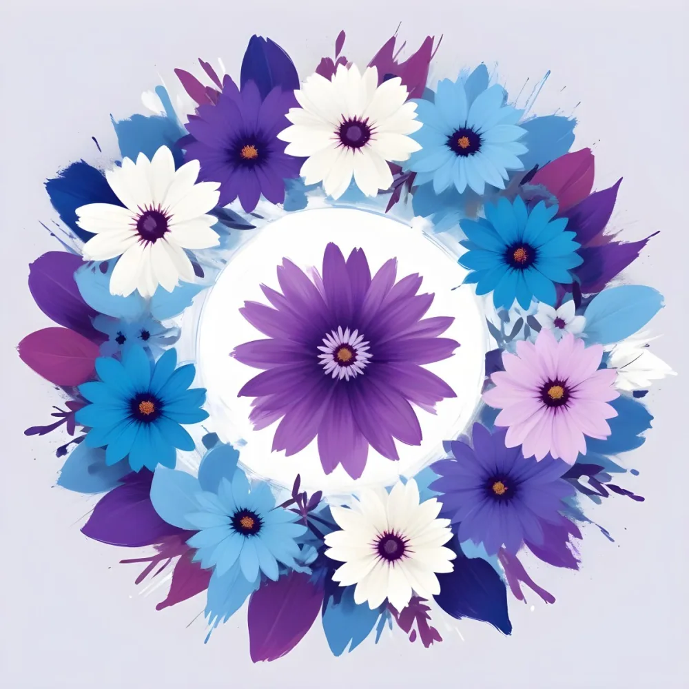 Digital Painting A Circle Of Colorful Flowers With A Purple Circle In The Center The Flowers Are Blue Blue White And Purple The Background Is White Bold And Slim Lines Brush Strokes 21 3724