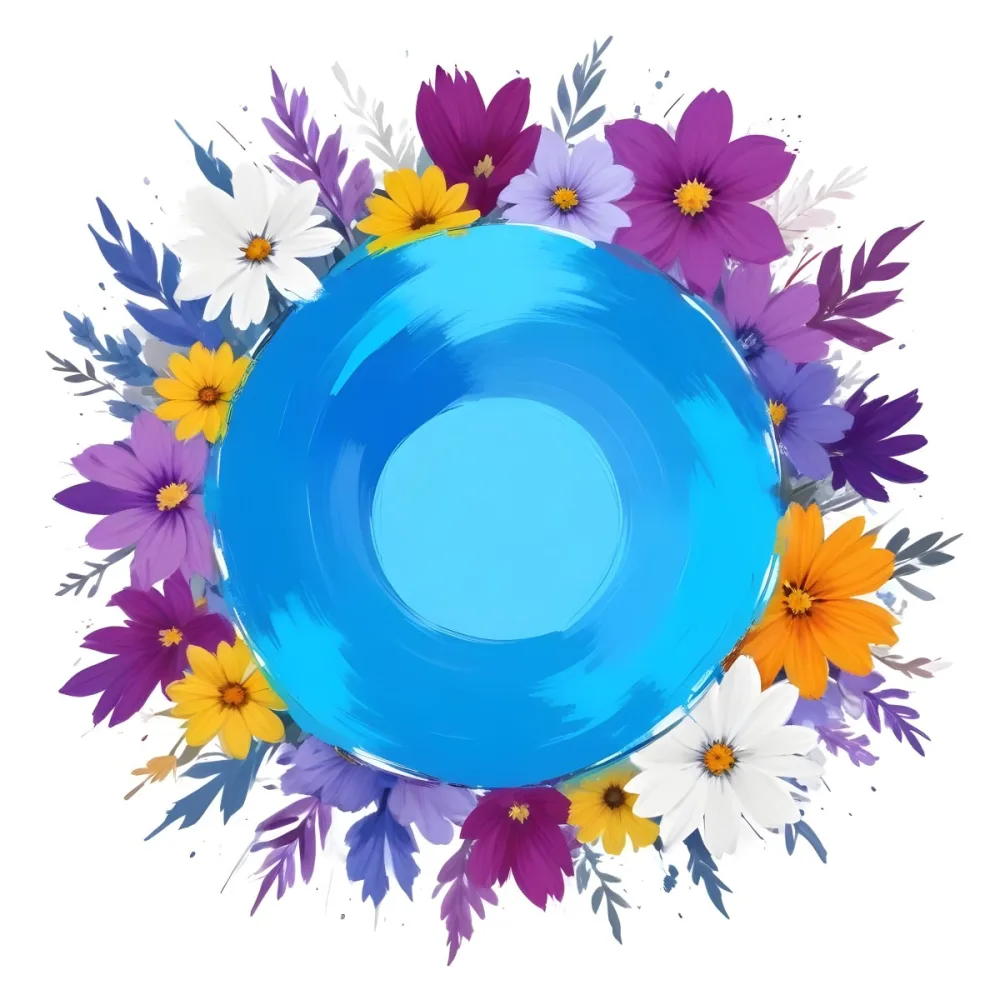 Digital Painting A Circle Of Colorful Flowers With A Purple Circle In The Center The Flowers Are Blue Blue White And Purple The Background Is White Bold And Slim Lines Brush Strokes 29 2312