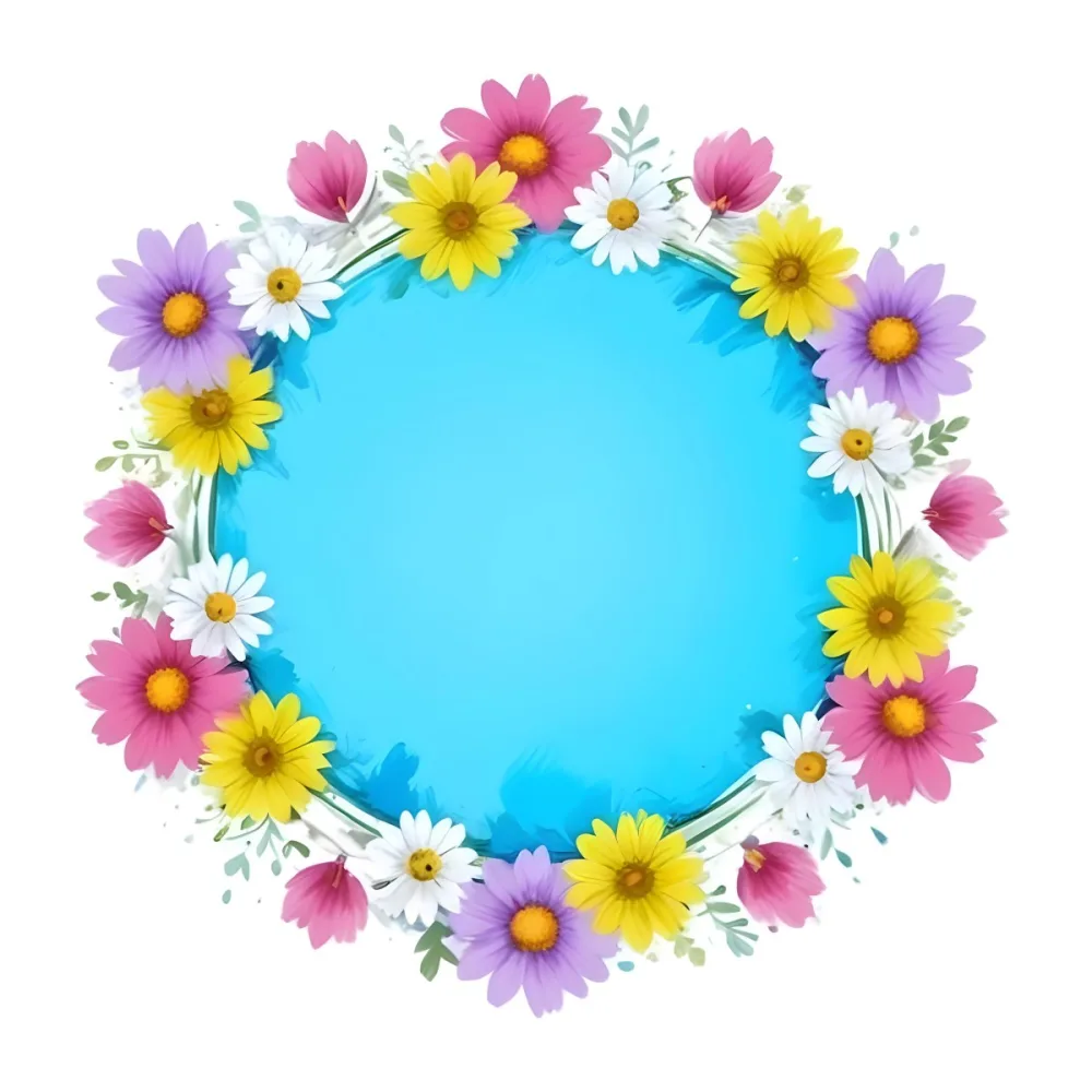 Digital Painting A Circle Of Colorful Flowers With A Purple Circle In The Center The Flowers Are Blue Blue White And Purple The Background Is White Bold And Slim Lines Brush Strokes 38 0e1e
