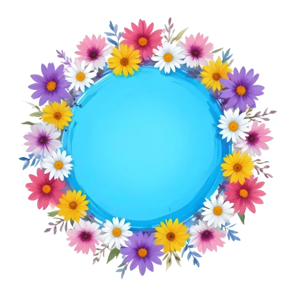 Digital Painting A Circle Of Colorful Flowers With A Purple Circle In The Center The Flowers Are Blue Blue White And Purple The Background Is White Bold And Slim Lines Brush Strokes 41 03a0