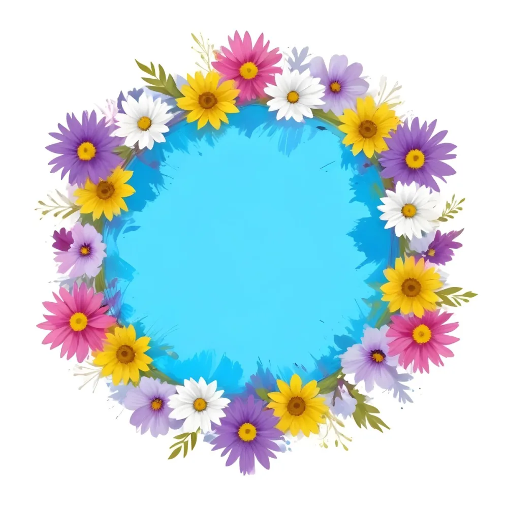 Digital Painting A Circle Of Colorful Flowers With A Purple Circle In The Center The Flowers Are Blue Blue White And Purple The Background Is White Bold And Slim Lines Brush Strokes 42 0369
