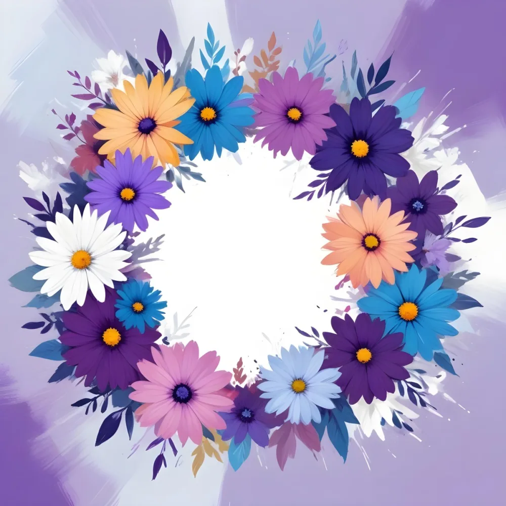 Digital Painting A Circle Of Colorful Flowers With A Purple Circle In The Center The Flowers Are Blue Blue White And Purple The Background Is White Bold And Slim Lines Brush Strokes 43 6386