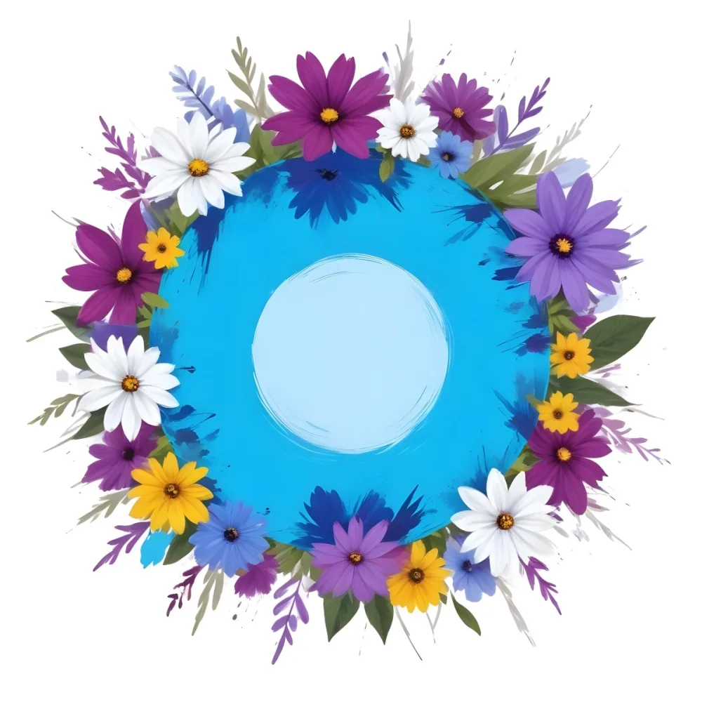Digital Painting A Circle Of Colorful Flowers With A Purple Circle In The Center The Flowers Are Blue Blue White And Purple The Background Is White Bold And Slim Lines Brush Strokes 44 4247