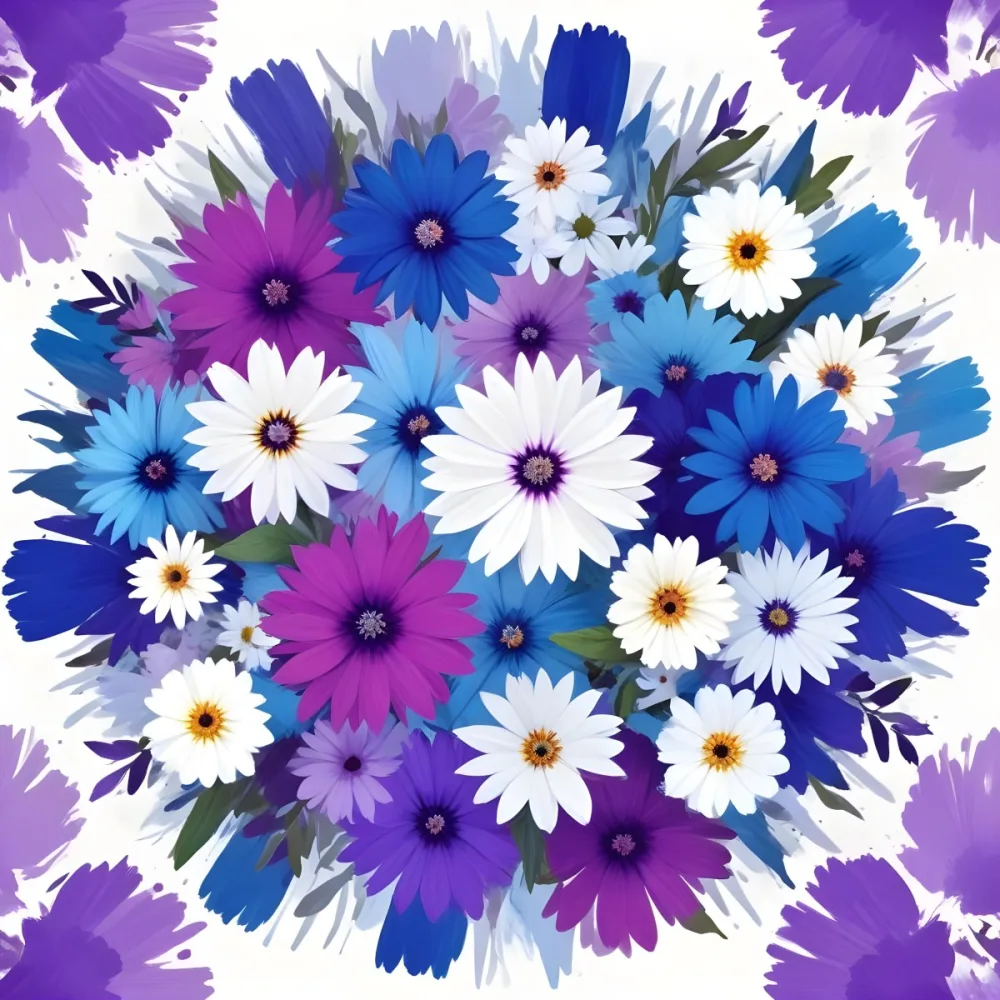 Digital Painting A Circle Of Colorful Flowers With A Purple Circle In The Center The Flowers Are Blue Blue White And Purple The Background Is White Bold And Slim Lines Brush Strokes 45 7ad9