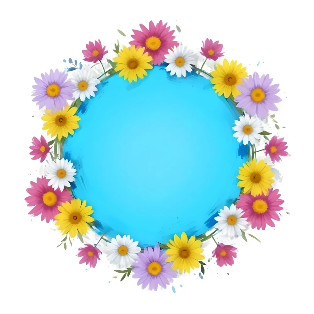 Digital Painting A Circle Of Colorful Flowers With A Purple Circle In The Center The Flowers Are Blue Blue White And Purple The Background Is White Bold And Slim Lines Brush Strokes 6 5e4f