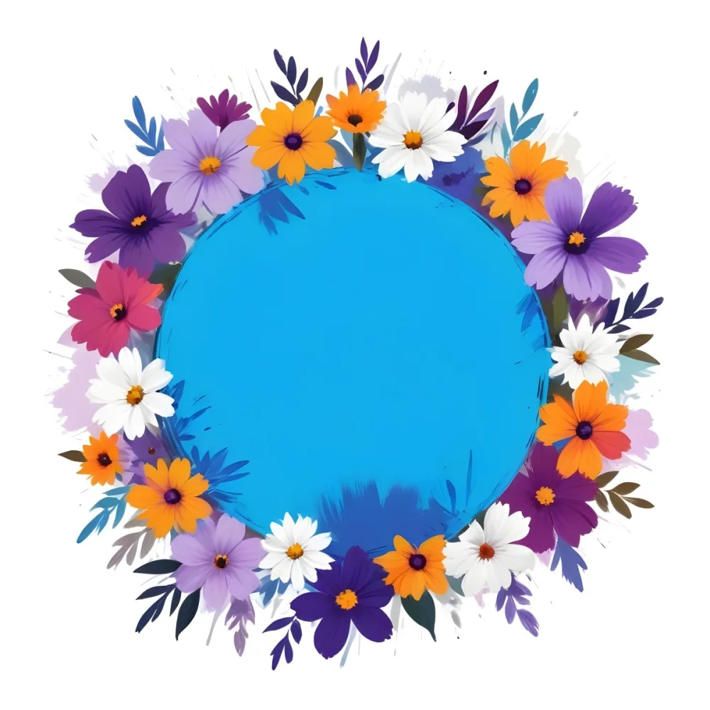Digital Painting A Circle Of Colorful Flowers With A Purple Circle In The Center The Flowers Are Blue Blue White And Purple The Background Is White Bold And Slim Lines Brush Strokes 7 64da