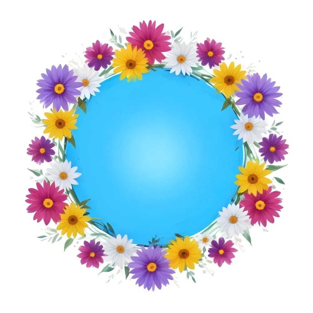 Digital Painting A Circle Of Colorful Flowers With A Purple Circle In The Center The Flowers Are Blue Blue White And Purple The Background Is White Bold And Slim Lines Brush Strokes 8 4b23