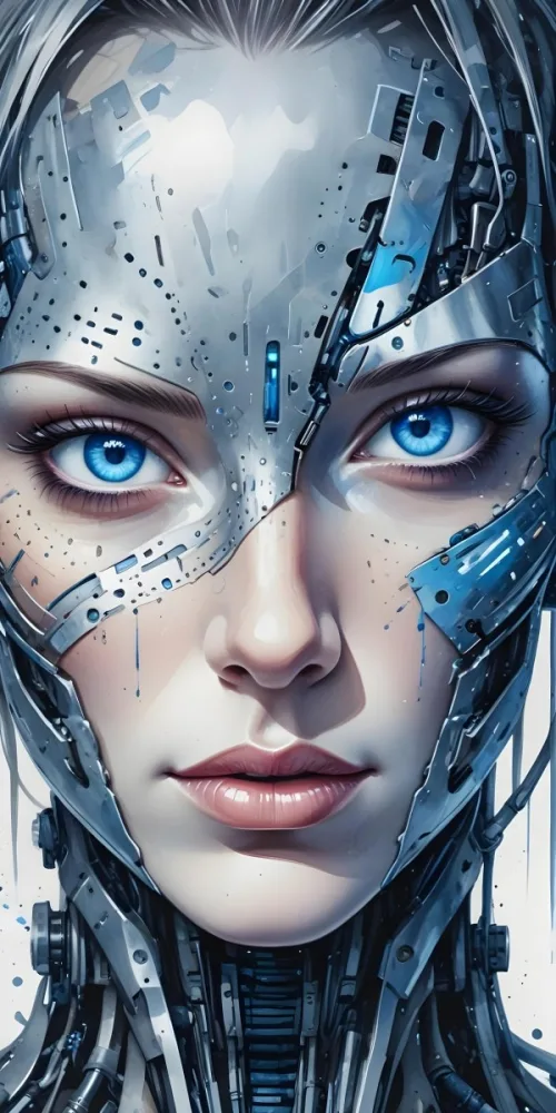 Digital Painting A Close Up Of A Metallic Futuristic Face With Glowing Blue Eyes And Perforated Skin Conveying A Sense Of Technology And Cyberpunk Aesthetics Bold And Slim Lines Brush Strokes 16 C960