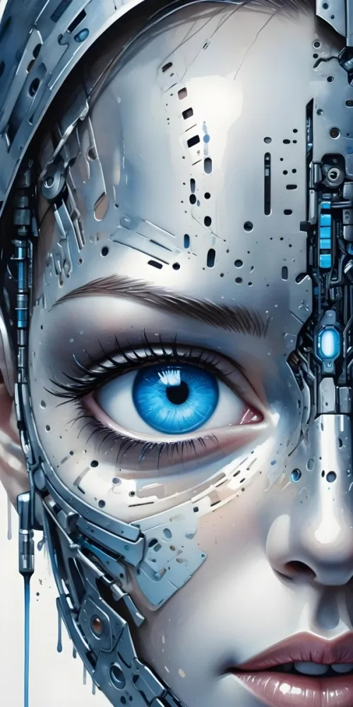 Digital Painting A Close Up Of A Metallic Futuristic Face With Glowing Blue Eyes And Perforated Skin Conveying A Sense Of Technology And Cyberpunk Aesthetics Bold And Slim Lines Brush Strokes 17 4e6f