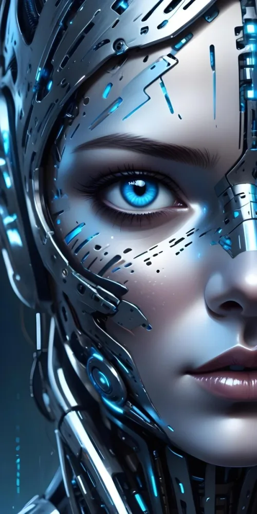 Digital Painting A Close Up Of A Metallic Futuristic Face With Glowing Blue Eyes And Perforated Skin Conveying A Sense Of Technology And Cyberpunk Aesthetics Bold And Slim Lines Brush Strokes 2 3266