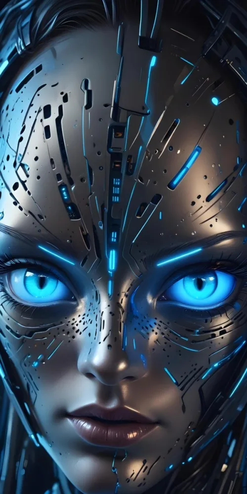 Digital Painting A Close Up Of A Metallic Futuristic Face With Glowing Blue Eyes And Perforated Skin Conveying A Sense Of Technology And Cyberpunk Aesthetics Bold And Slim Lines Brush Strokes 3 A82c