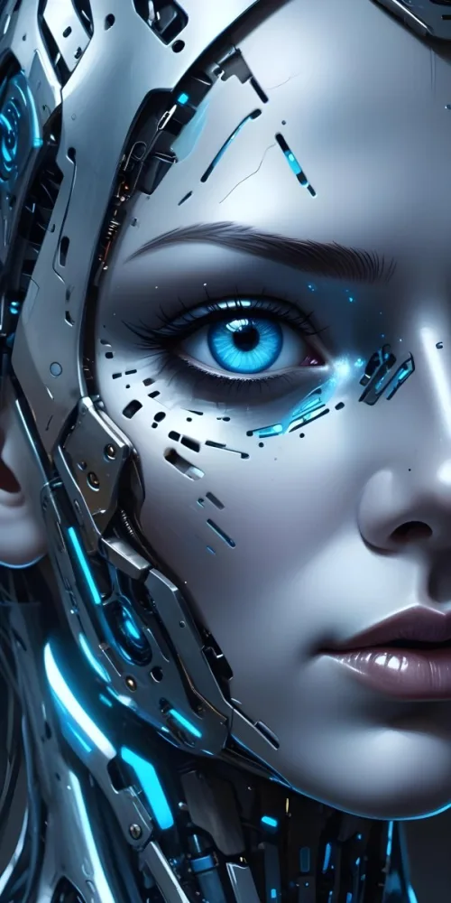 Digital Painting A Close Up Of A Metallic Futuristic Face With Glowing Blue Eyes And Perforated Skin Conveying A Sense Of Technology And Cyberpunk Aesthetics Bold And Slim Lines Brush Strokes 4 309c