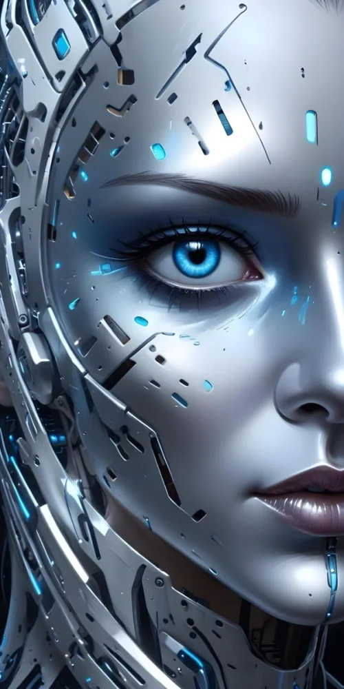 Digital Painting A Close Up Of A Metallic Futuristic Face With Glowing Blue Eyes And Perforated Skin Conveying A Sense Of Technology And Cyberpunk Aesthetics Bold And Slim Lines Brush Strokes 5 Cef8