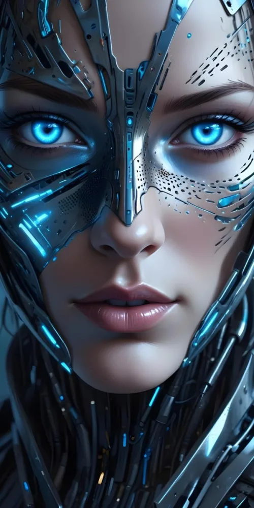 Digital Painting A Close Up Of A Metallic Futuristic Face With Glowing Blue Eyes And Perforated Skin Conveying A Sense Of Technology And Cyberpunk Aesthetics Bold And Slim Lines Brush Strokes 6 2c14