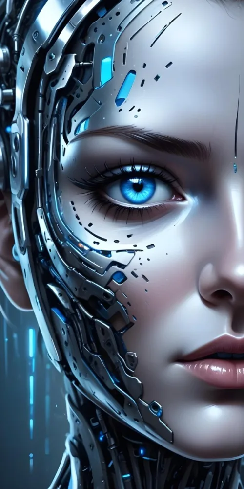Digital Painting A Close Up Of A Metallic Futuristic Face With Glowing Blue Eyes And Perforated Skin Conveying A Sense Of Technology And Cyberpunk Aesthetics Bold And Slim Lines Brush Strokes 7 21ec
