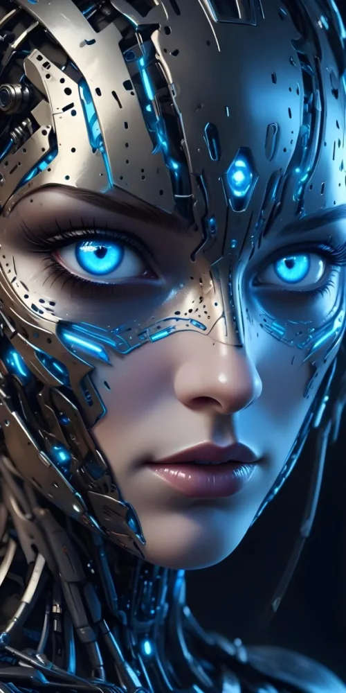 Digital Painting A Close Up Of A Metallic Futuristic Face With Glowing Blue Eyes And Perforated Skin Conveying A Sense Of Technology And Cyberpunk Aesthetics Bold And Slim Lines Brush Strokes 8 079c