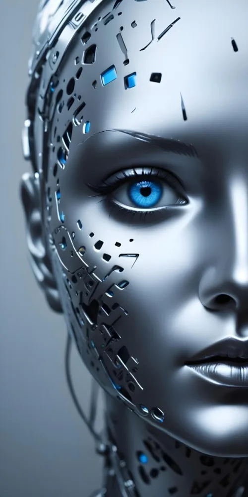 Digital Painting A Close Up Of A Metallic Futuristic Face With Glowing Blue Eyes And Perforated Skin Conveying A Sense Of Technology And Cyberpunk Aesthetics Bold And Slim Lines Brush Strokes 9 Ea62