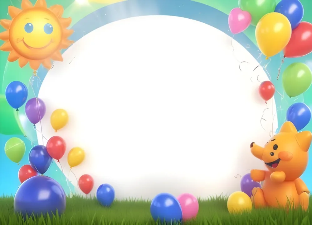 Digital Painting A Colorful Border Featuring A Bright Sun Balloons In Various Colors And A Grassy Area The Background Is Light And Cheerful With A Blank White Center For Text Or Images Bold And Slim Lines Brush 38 2cea
