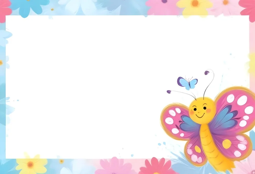 Digital Painting A Colorful Border Featuring A Cheerful Blue Butterfly With Pink And Purple Wings On The Right Side The Background Consists Of Pastel Colored Flowers In Shades Of Pink Blue And Yellow Creating A Play 64 939c