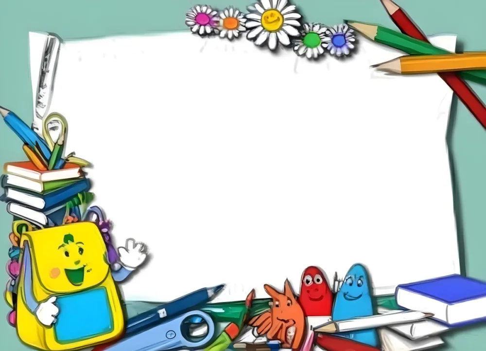 Digital Painting A Colorful Border Featuring Various School Supplies Including Crayons Scissors And A Ruler There Are Cheerful Cartoon Characters One Resembling A Pencil And Another A Crayon Along With Flowers And 22 180d