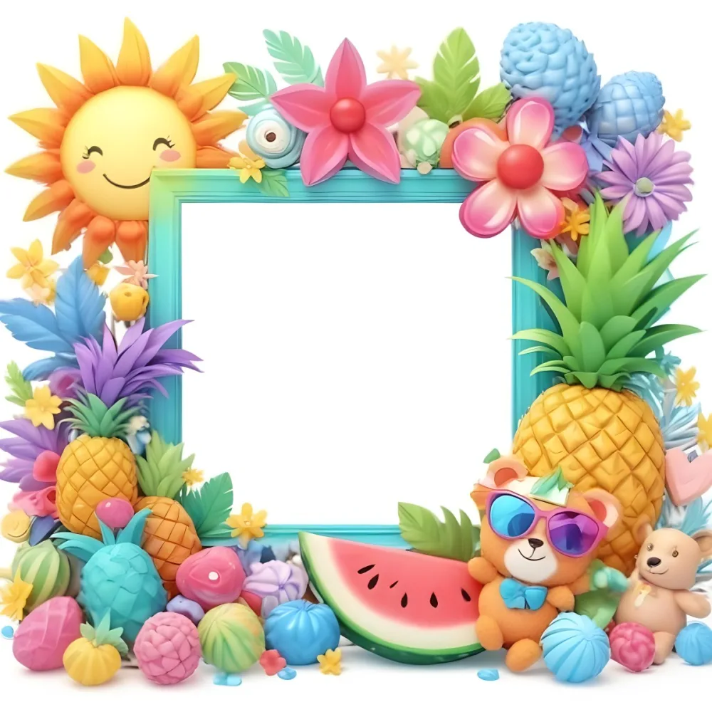 Digital Painting A Colorful Frame Decorated With A Smiling Sun Flowers A Pineapple A Teddy Bear And Various Summer Themed Items Like Watermelons Ice Cream And Candies The Center Of The Frame Is Empty Ready For Te 11 0ebf