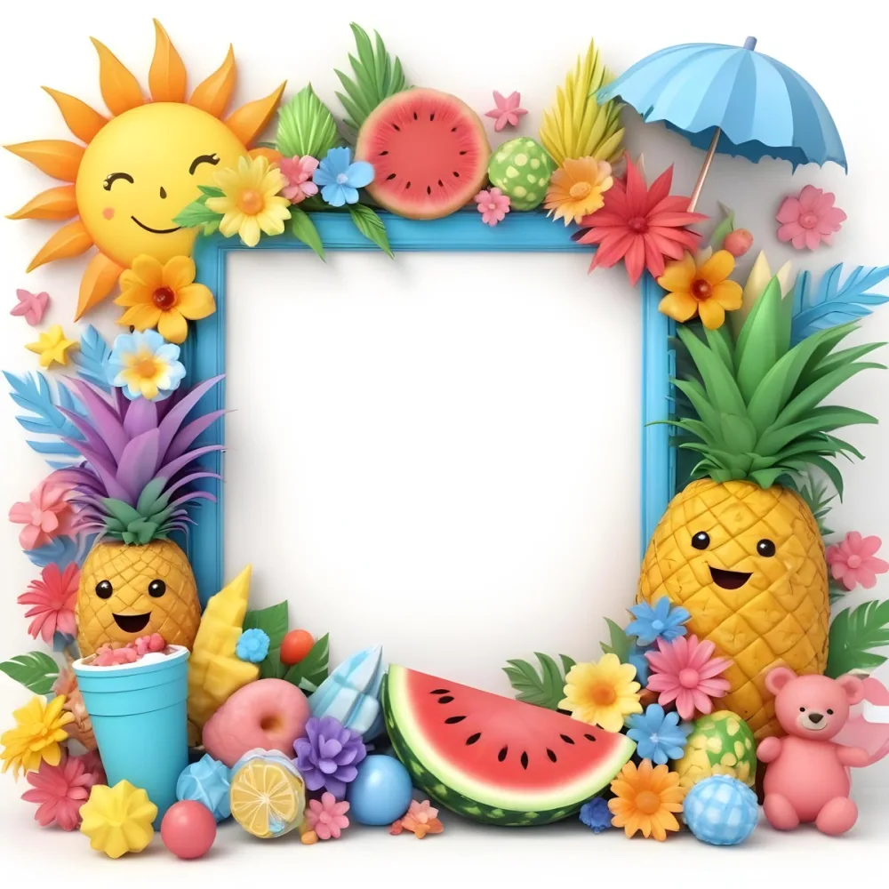 Digital Painting A Colorful Frame Decorated With A Smiling Sun Flowers A Pineapple A Teddy Bear And Various Summer Themed Items Like Watermelons Ice Cream And Candies The Center Of The Frame Is Empty Ready For Te 13 A892