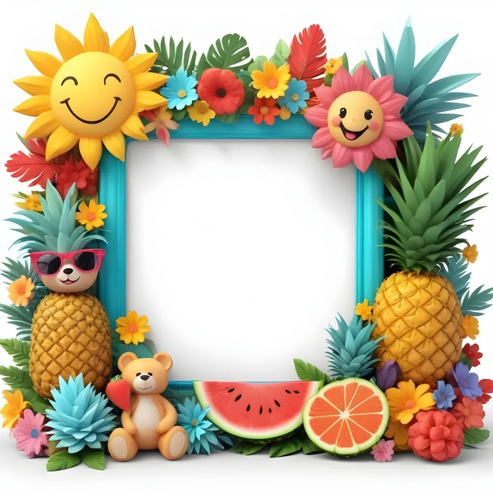 Digital Painting A Colorful Frame Decorated With A Smiling Sun Flowers A Pineapple A Teddy Bear And Various Summer Themed Items Like Watermelons Ice Cream And Candies The Center Of The Frame Is Empty Ready For Te 17 Ee63