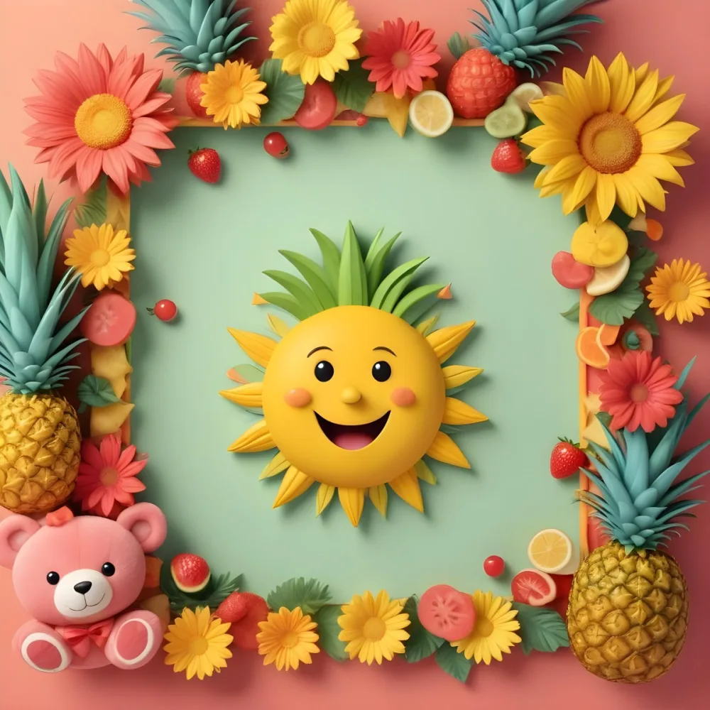 Digital Painting A Colorful Frame Decorated With A Smiling Sun Flowers A Pineapple A Teddy Bear And Various Summer Themed Items Like Watermelons Ice Cream And Candies The Center Of The Frame Is Empty Ready For Te 27 Ae96