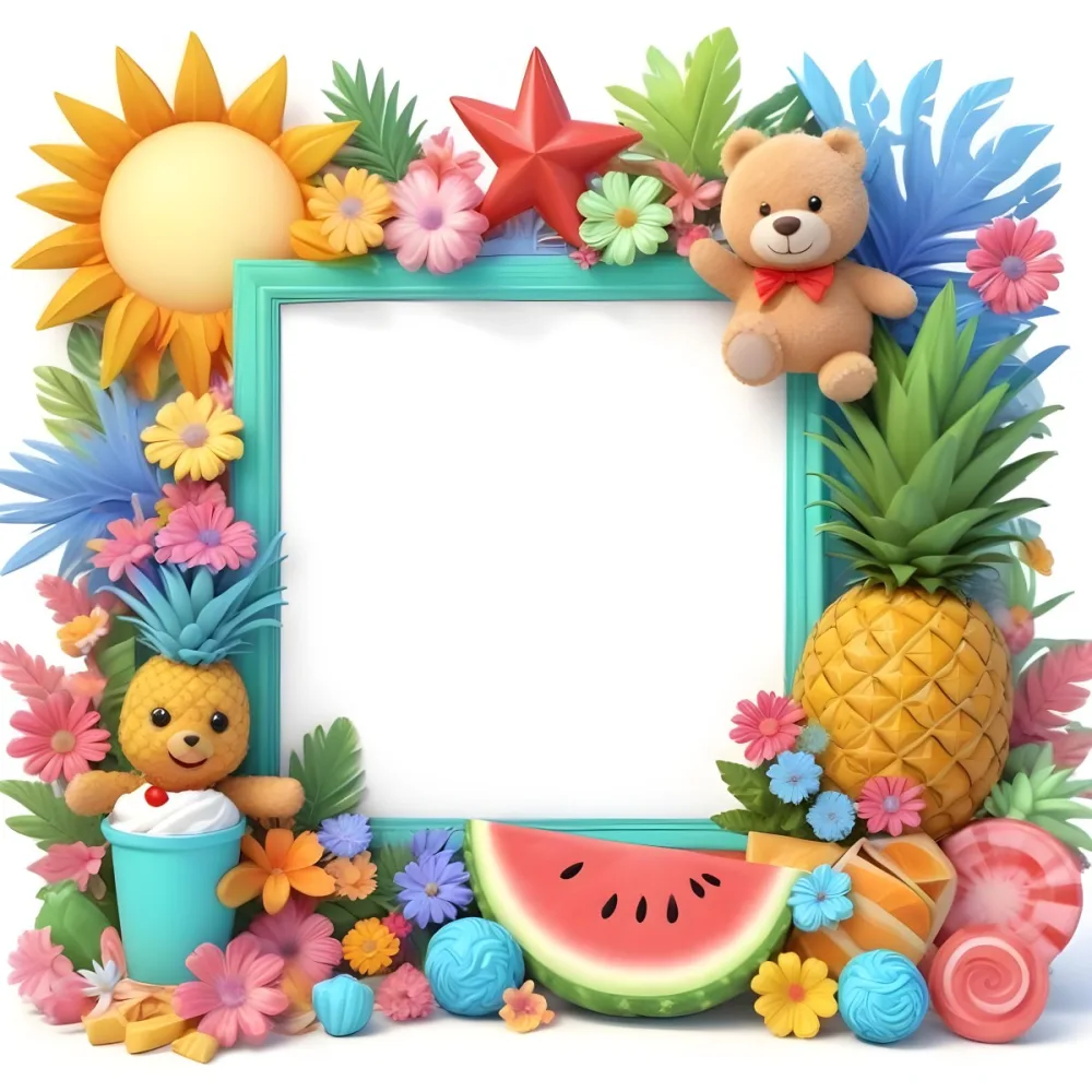 Digital Painting A Colorful Frame Decorated With A Smiling Sun Flowers A Pineapple A Teddy Bear And Various Summer Themed Items Like Watermelons Ice Cream And Candies The Center Of The Frame Is Empty Ready For Te 35 7690