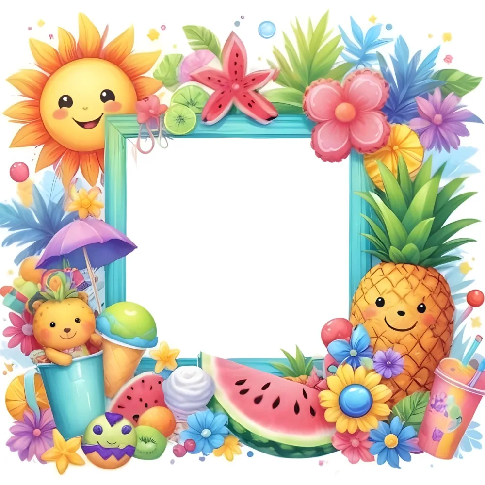 Digital Painting A Colorful Frame Decorated With A Smiling Sun Flowers A Pineapple A Teddy Bear And Various Summer Themed Items Like Watermelons Ice Cream And Candies The Center Of The Frame Is Empty Ready For Te 39 977c