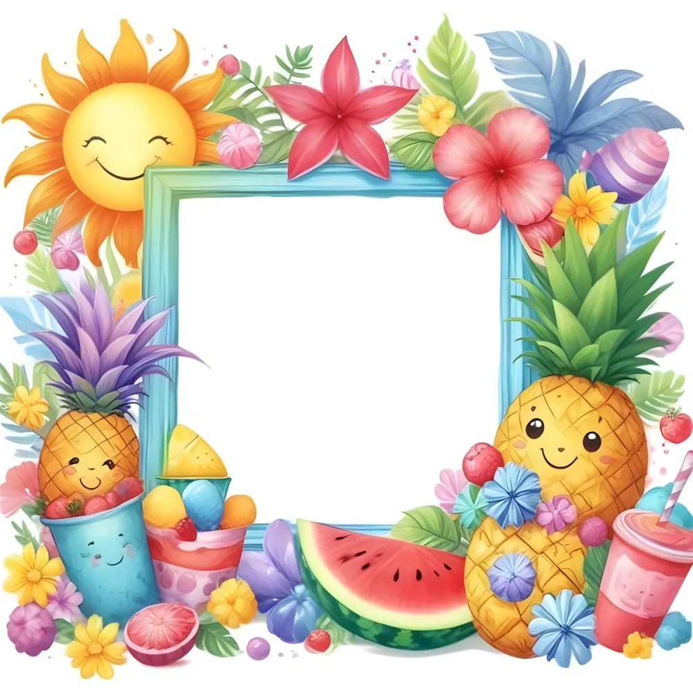 Digital Painting A Colorful Frame Decorated With A Smiling Sun Flowers A Pineapple A Teddy Bear And Various Summer Themed Items Like Watermelons Ice Cream And Candies The Center Of The Frame Is Empty Ready For Te 40 E0a3